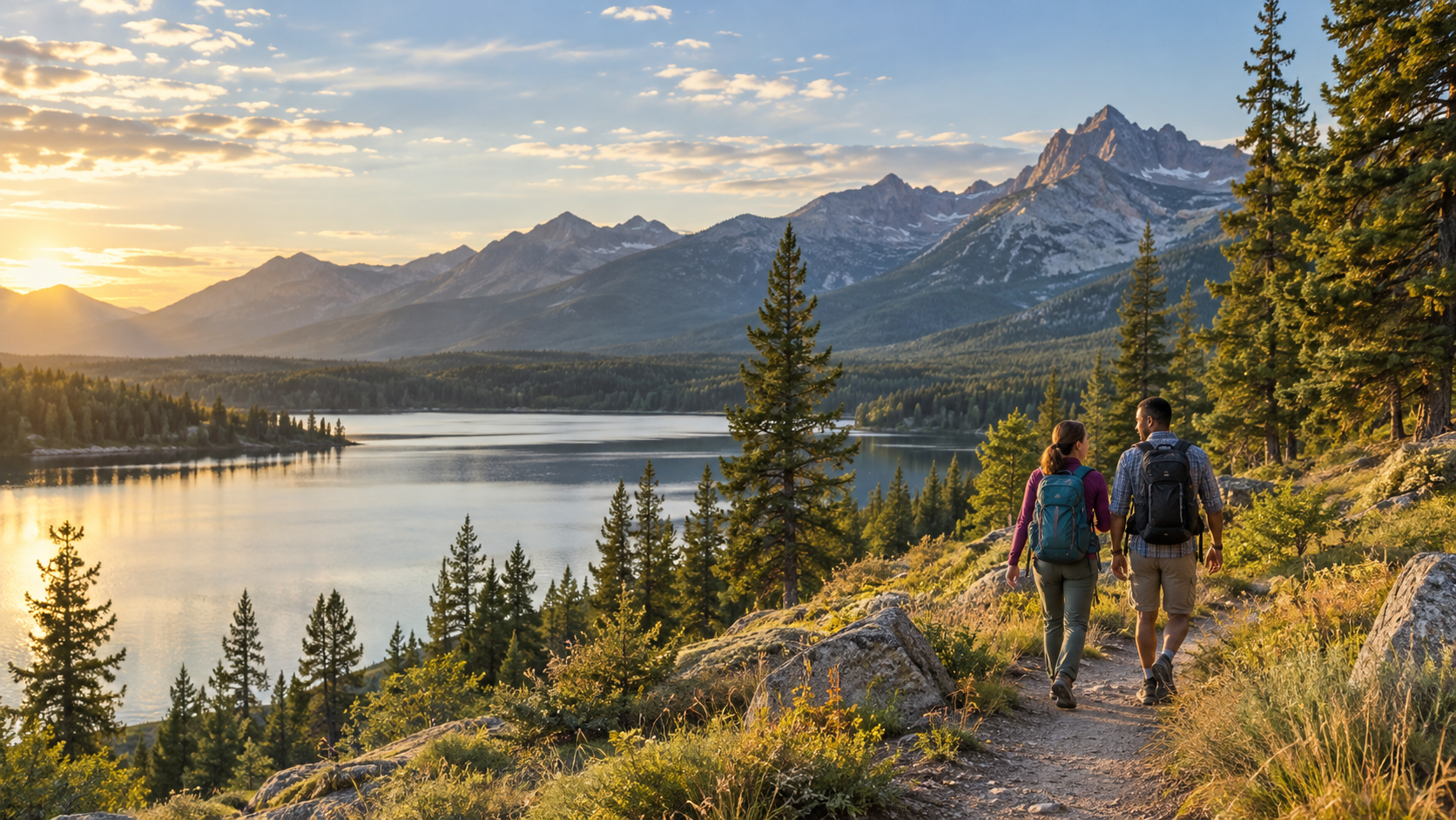 Hikers enjoying a mountain lake and forest landscape in Southeast Idaho